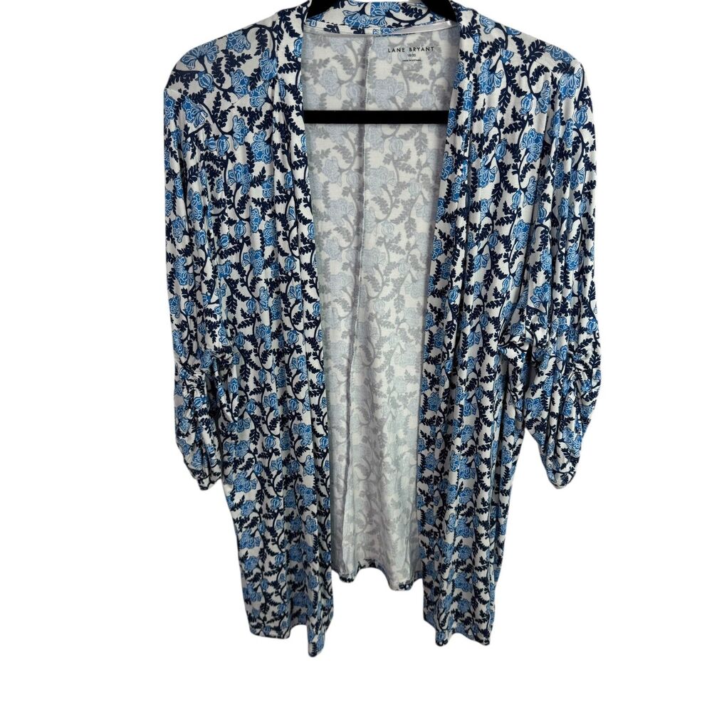 Lane Bryant Womens Knit Cardigan Top Size 18/20 1X Blue Floral Print 3/4 Sleeves